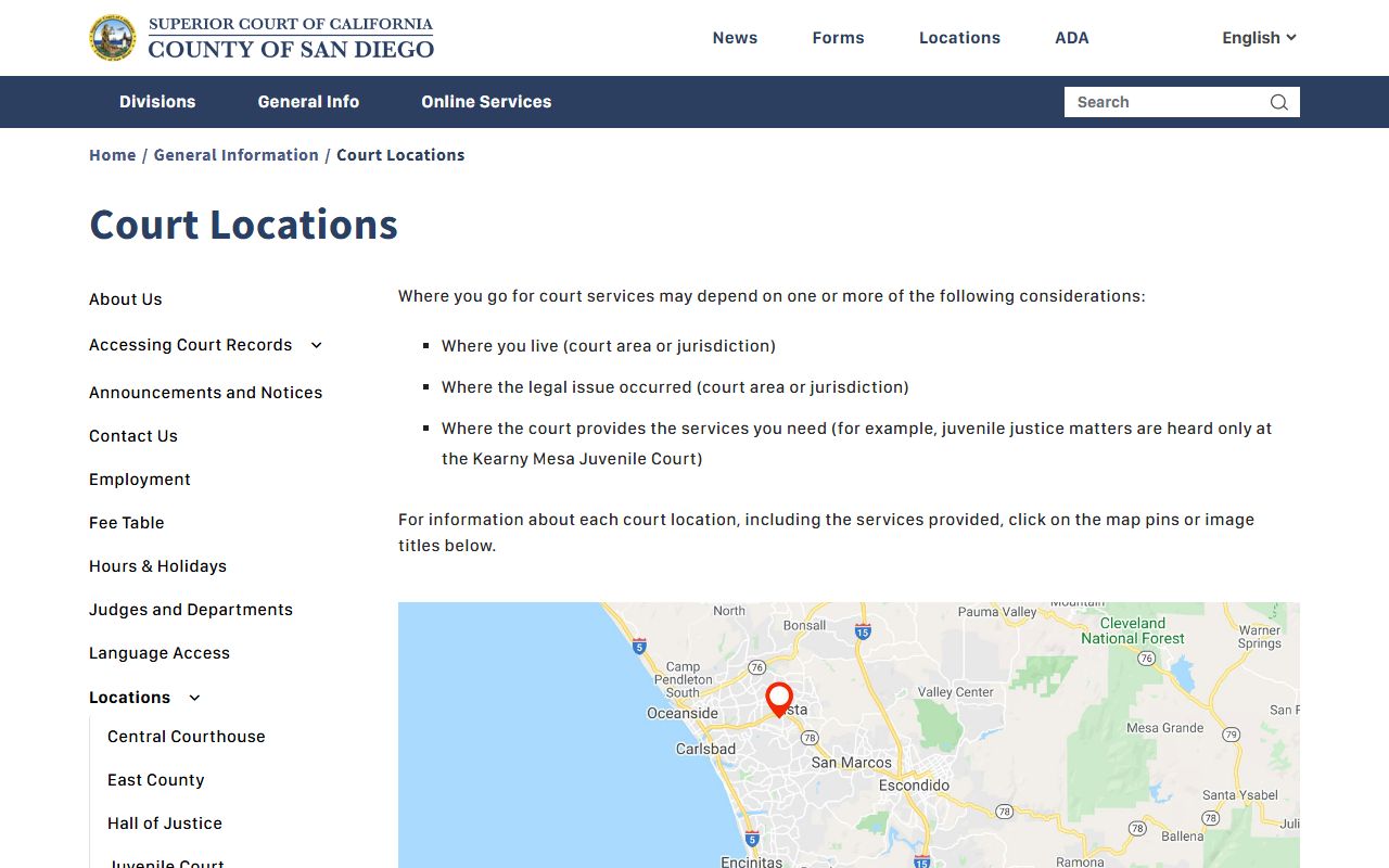 Superior Court location overview page