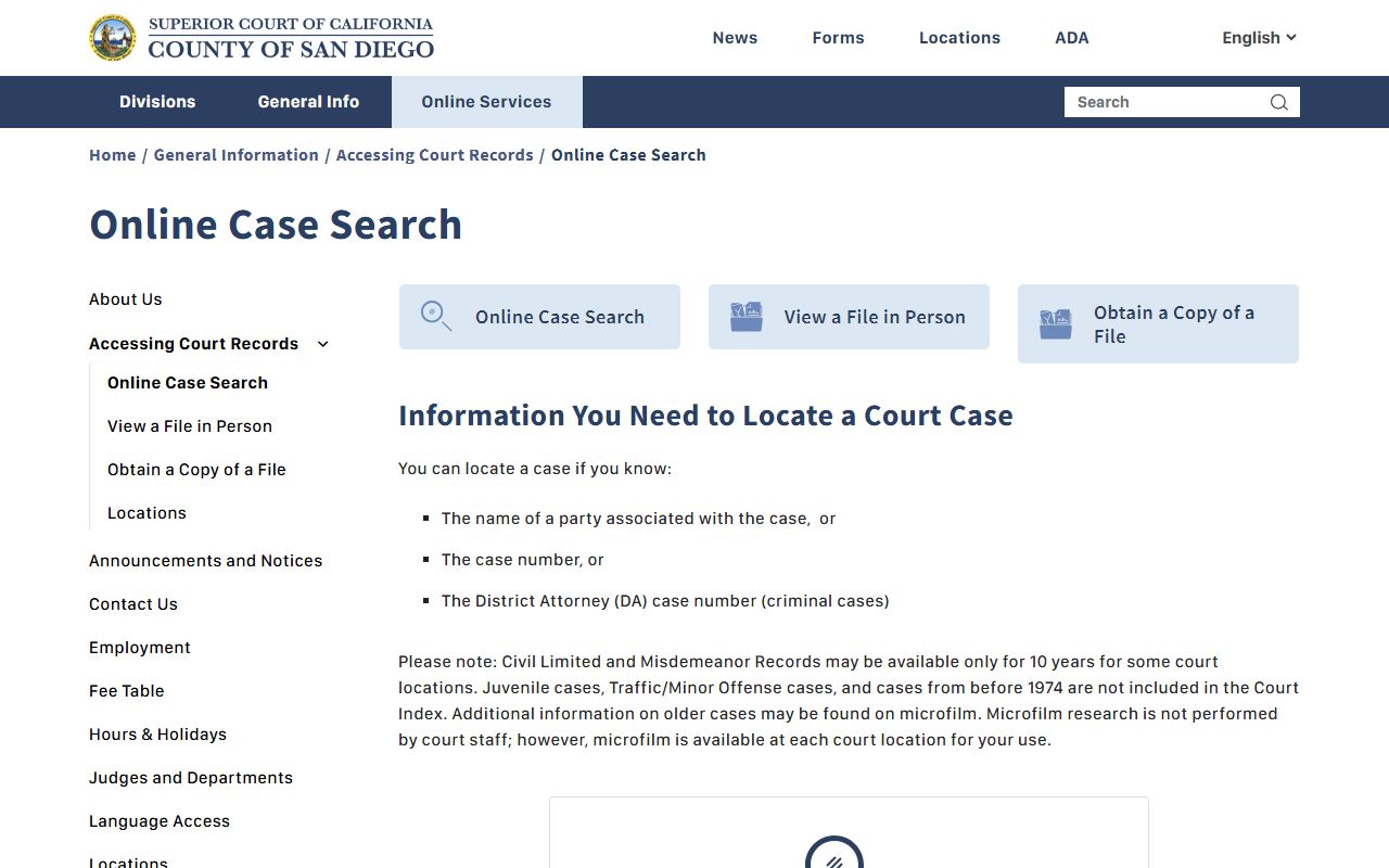 Court Index landing page for civil criminal family mental health and probate cases