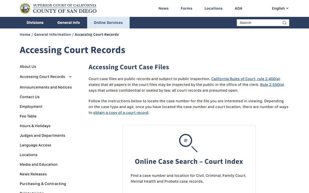 San Diego Superior Court access to court records landing page