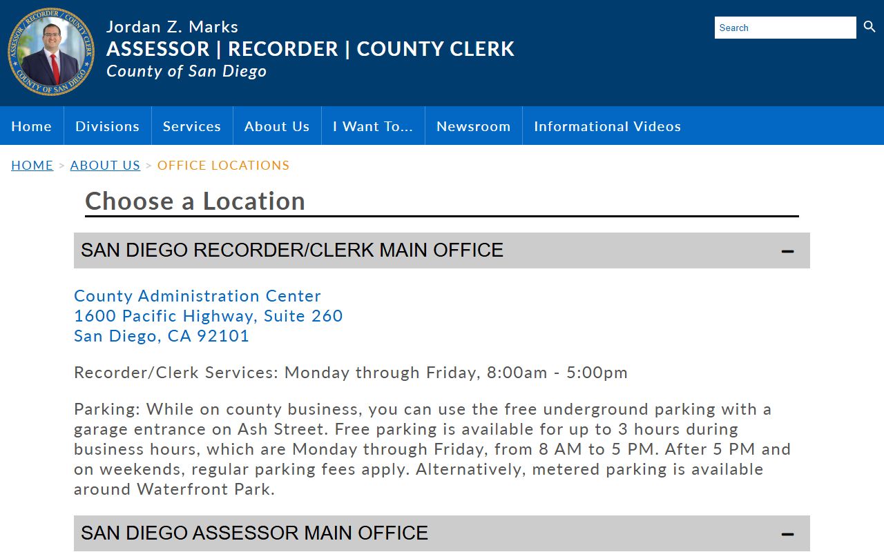 San Diego County Assessor Recorder County Clerk locations page listing main office and branch addresses