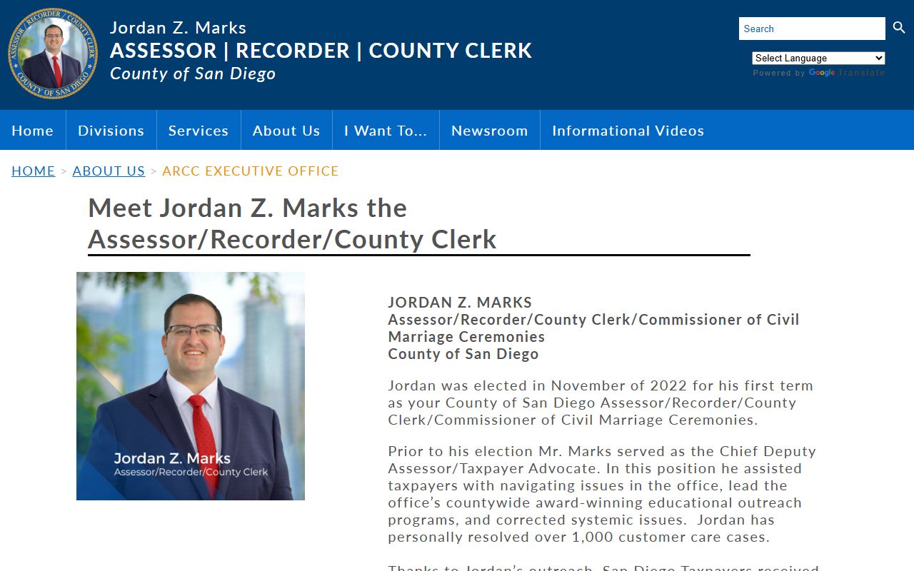 Official bio page for Jordan Z. Marks, San Diego County Assessor Recorder County Clerk