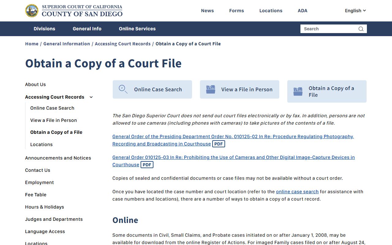 San Diego Superior Court page with copy options for online, in person, and mail requests