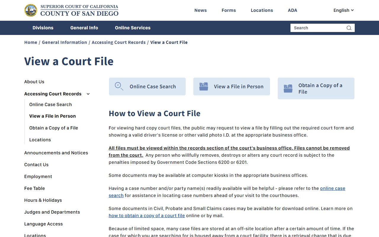San Diego Superior Court page describing how to view a hard-copy court file in person