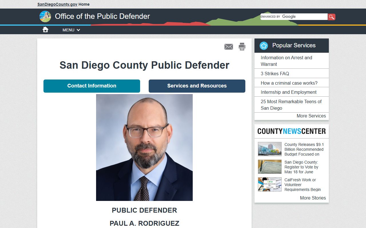 San Diego County Public Defender About Us page describing the four defense offices