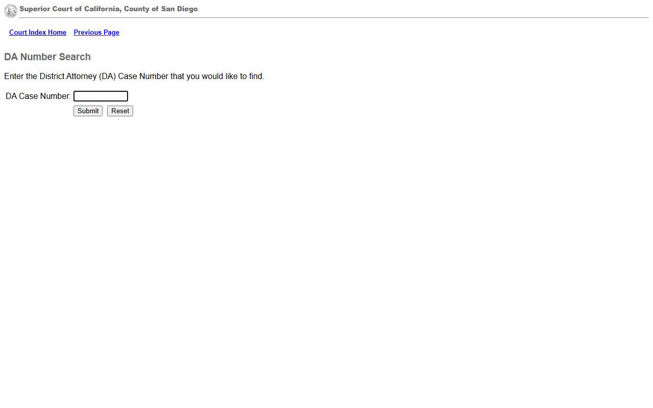 San Diego Superior Court Court Index DA Number Search page