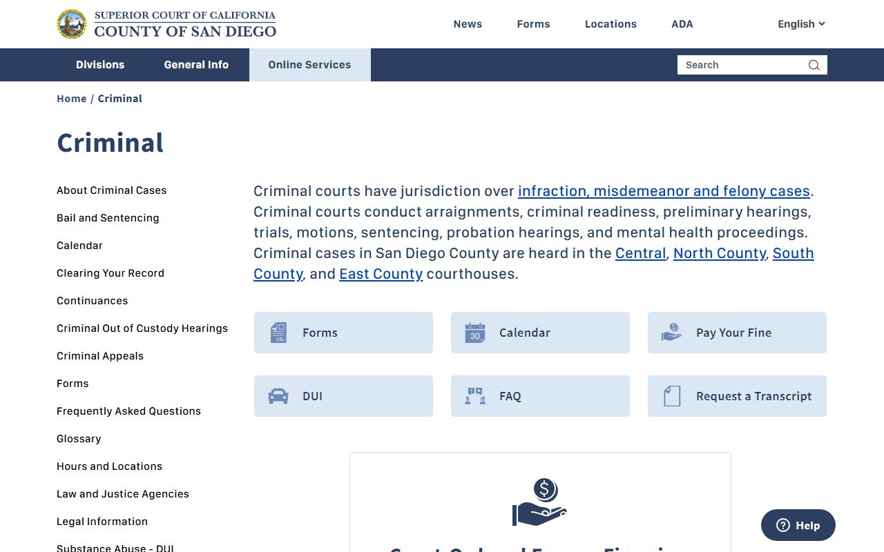 San Diego Superior Court Criminal Division page covering felony, misdemeanor, infraction, arraignment, motions, and warrants