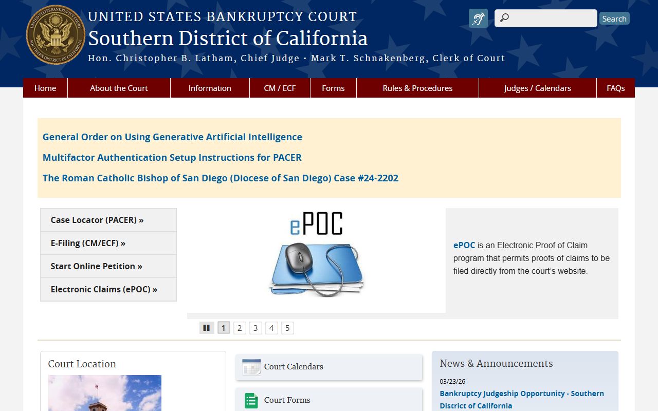 U.S. Bankruptcy Court for the Southern District of California home page