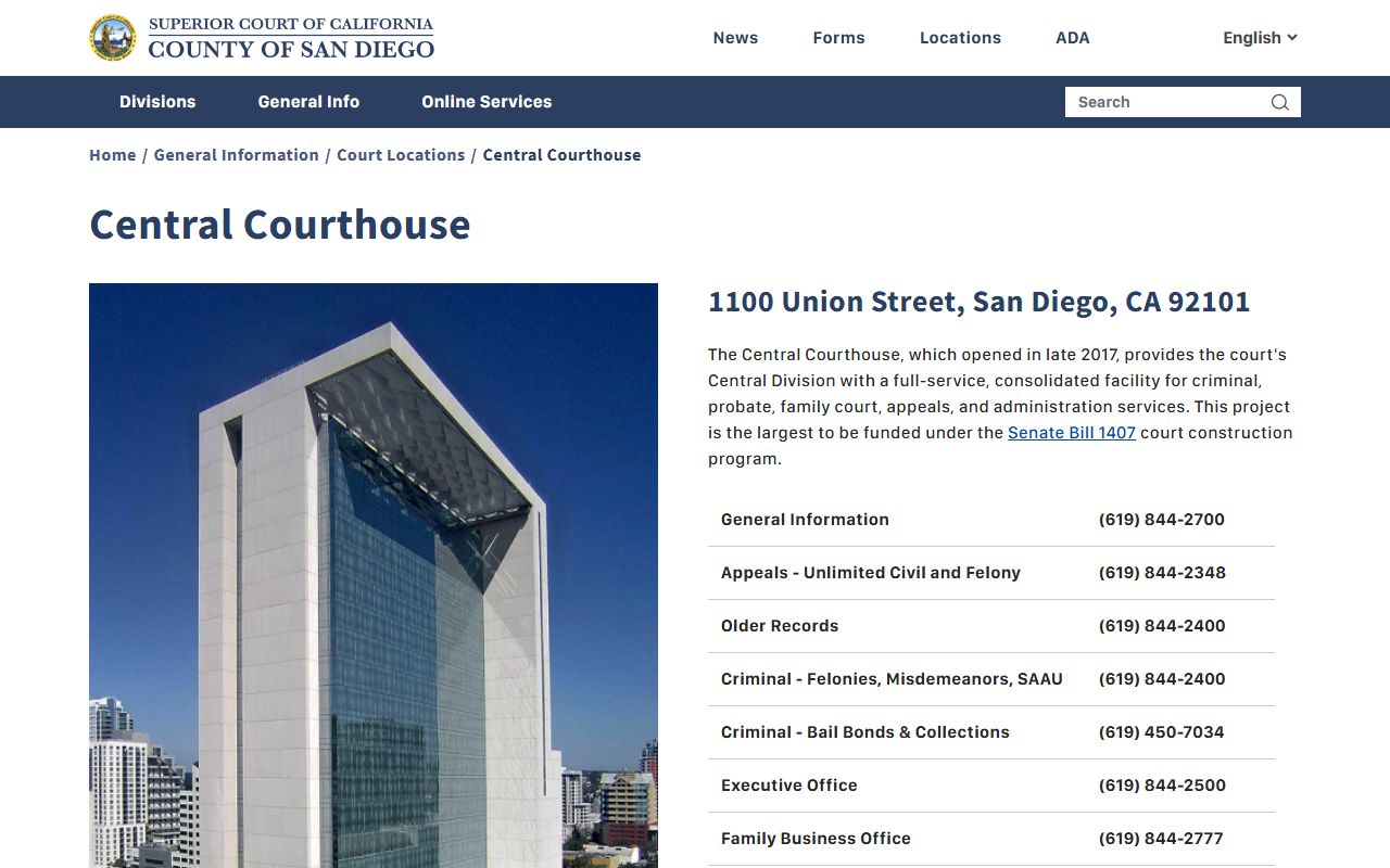 San Diego Superior Court Central Courthouse page with address, services, and directions