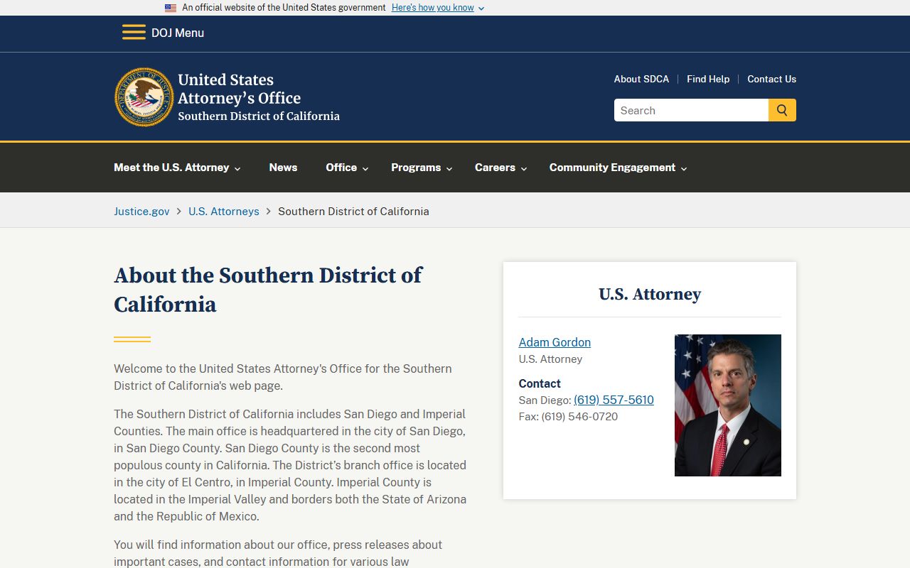 U.S. Attorney's Office for the Southern District of California page