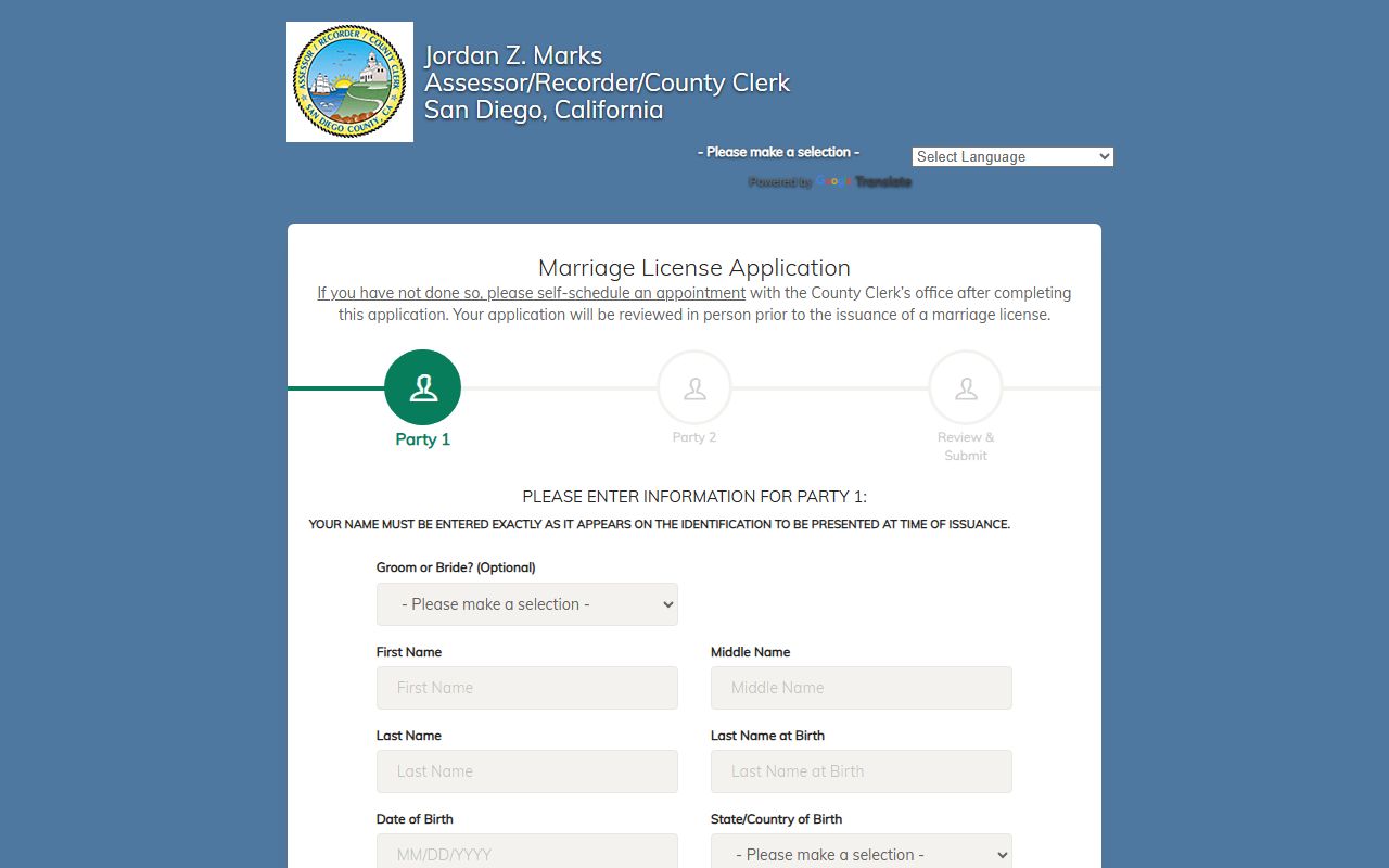 San Diego County ARCC online marriage license application start screen