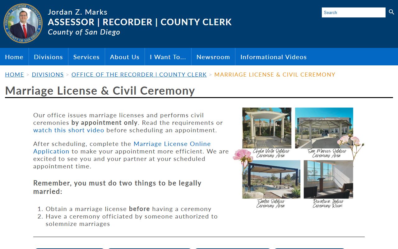 San Diego County ARCC marriage license and civil ceremony requirements and fees