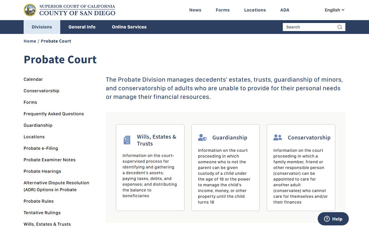 San Diego Superior Court Probate Division page with hours, contact lines, and copy request options