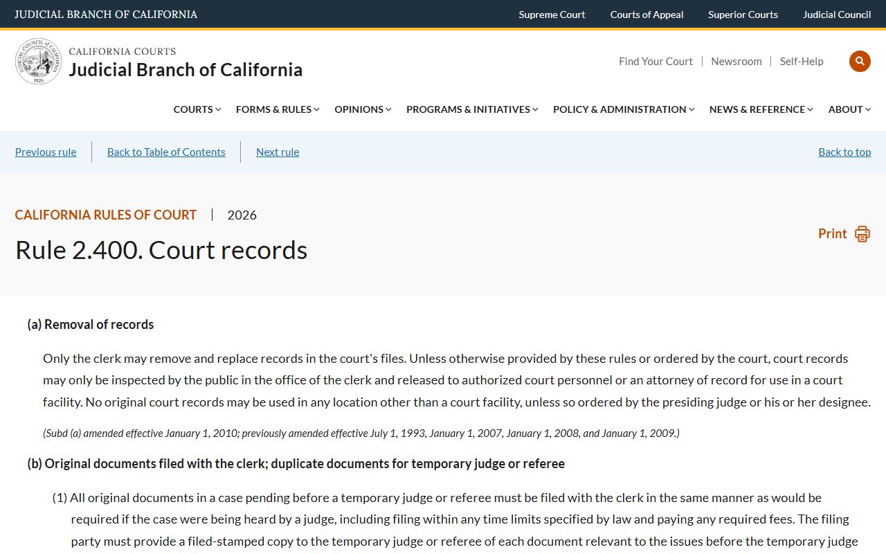 California Rules of Court rule 2.400 on public access to court records