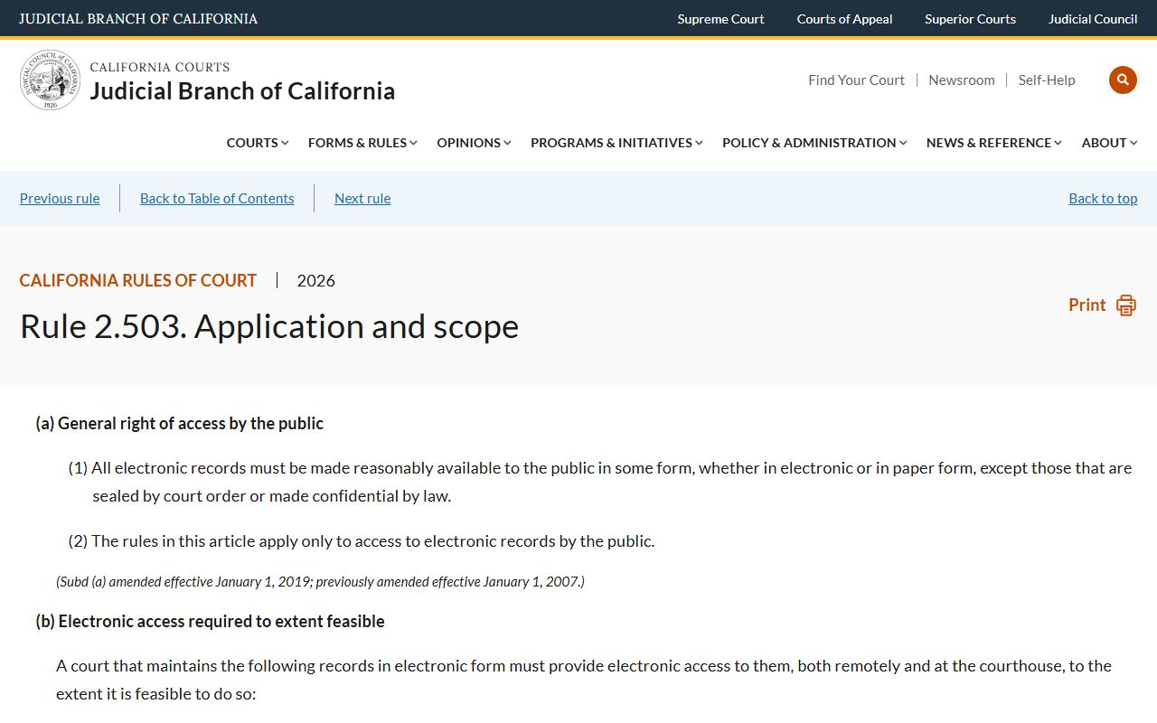 California Rules of Court rule 2.503 on public access to electronic trial court records