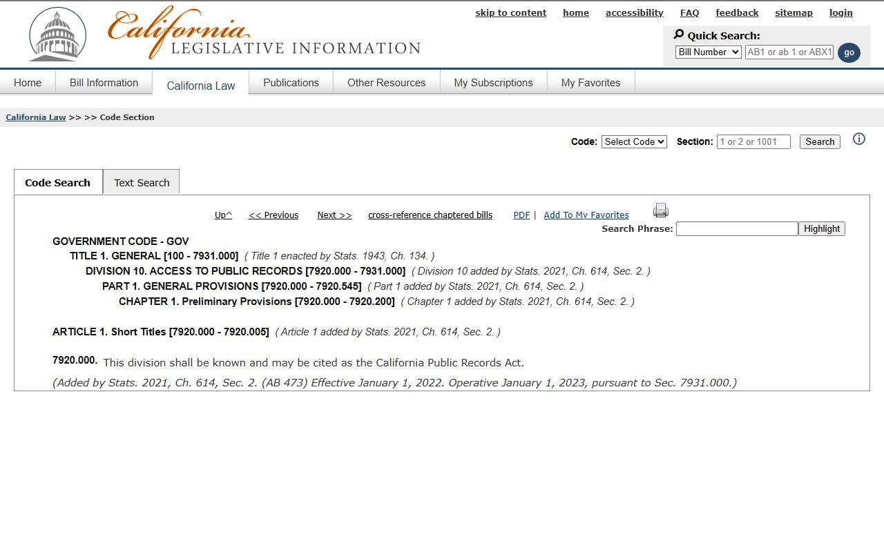 California Legislative Information page showing Government Code section 7920.000, the California Public Records Act