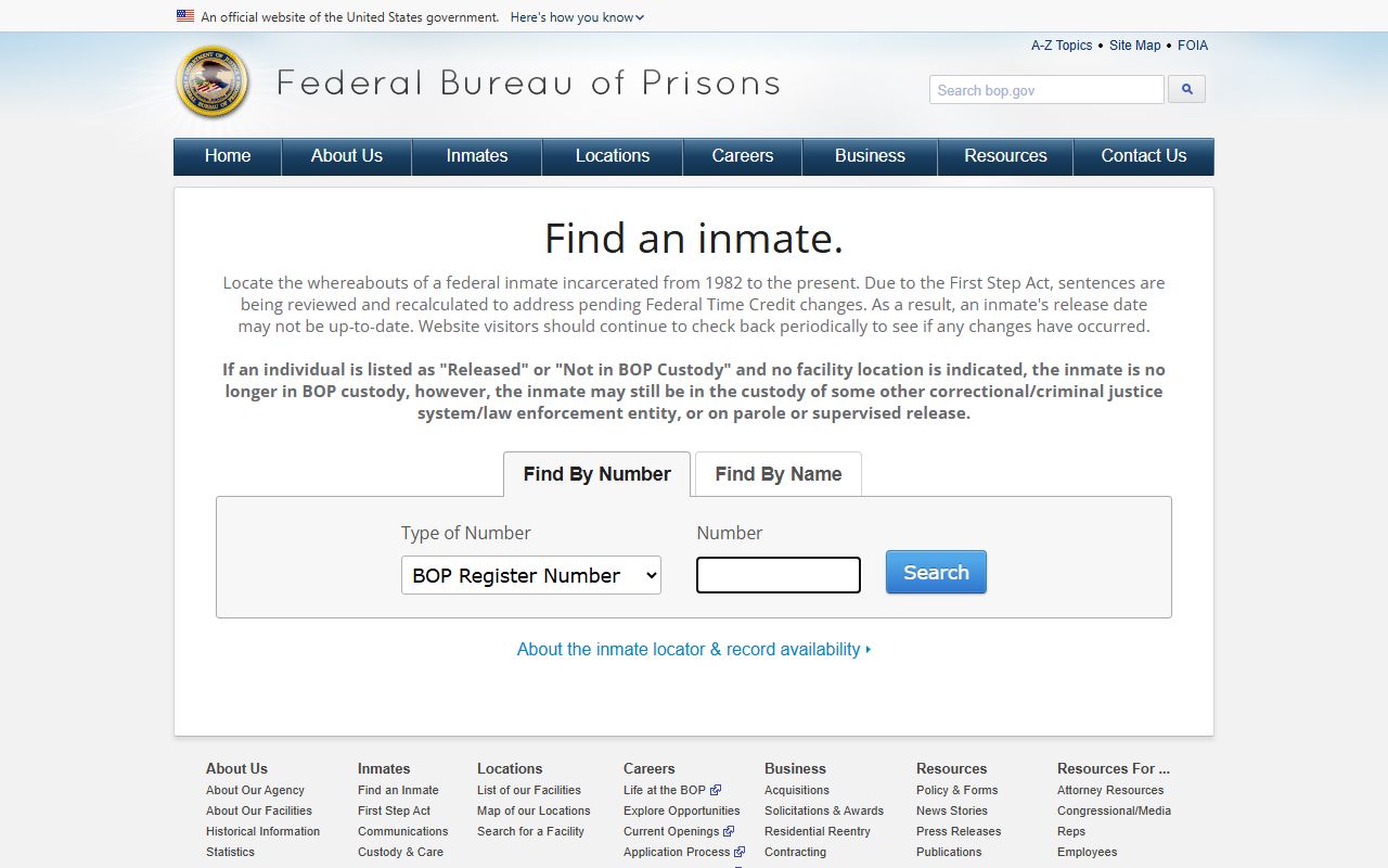 BOP Inmate Locator search page