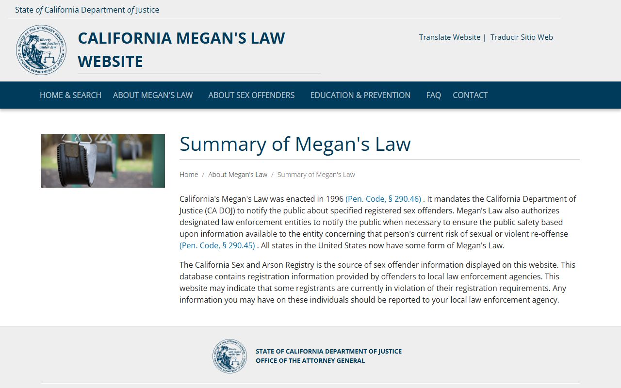California Megan's Law summary page