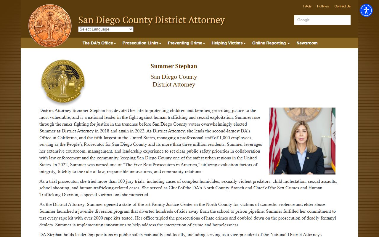 San Diego County District Attorney Summer Stephan official bio page